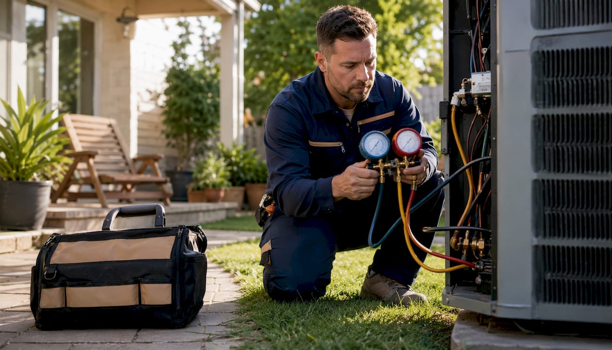 HVAC technician inspecting expansion valve outdoors