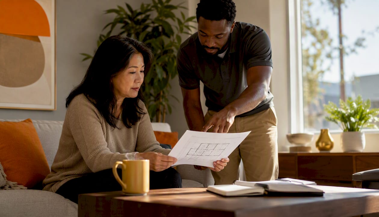 Homeowner consulting HVAC technician on zone heating