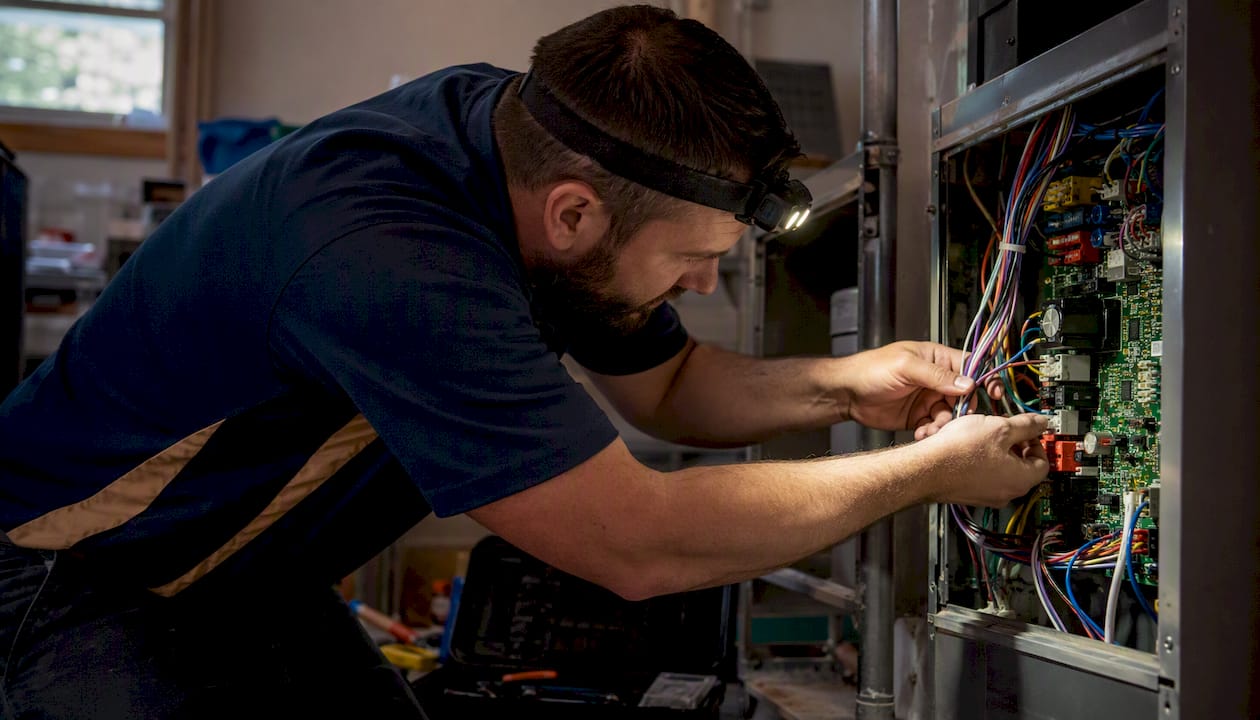 Technician inspecting AC control board inside air handler