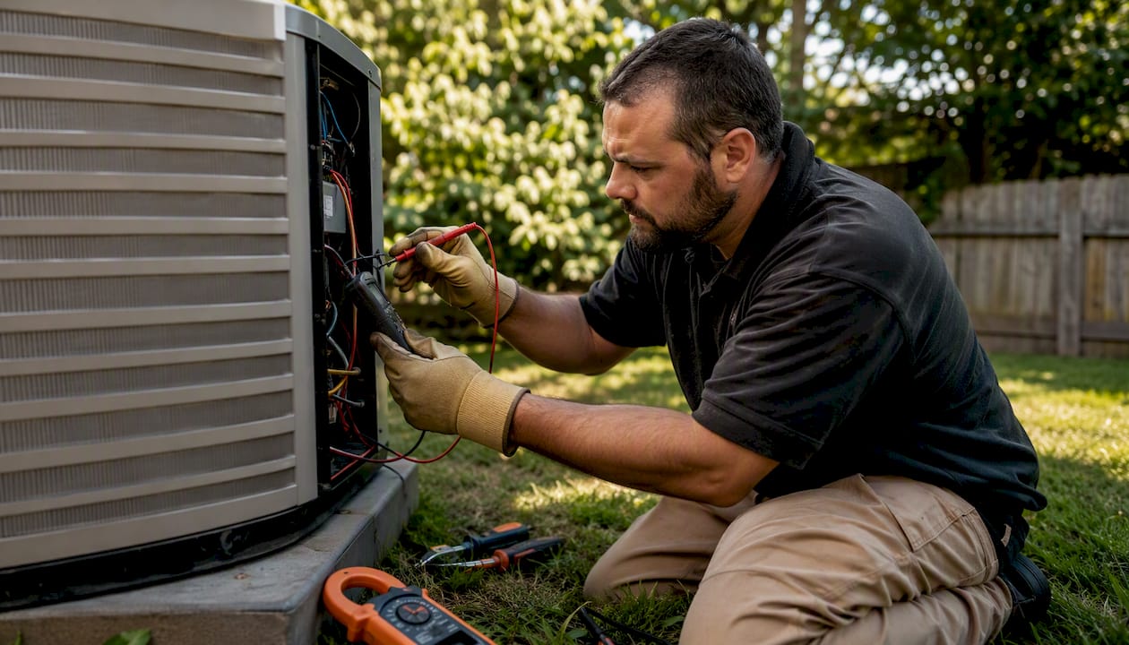 AC Control Board Failure: What Homeowners Need to Know what is ac control board failure what is ac control board failure 1785518939078 Technician testing outdoor condenser with tools Technician testing outdoor condenser with tools