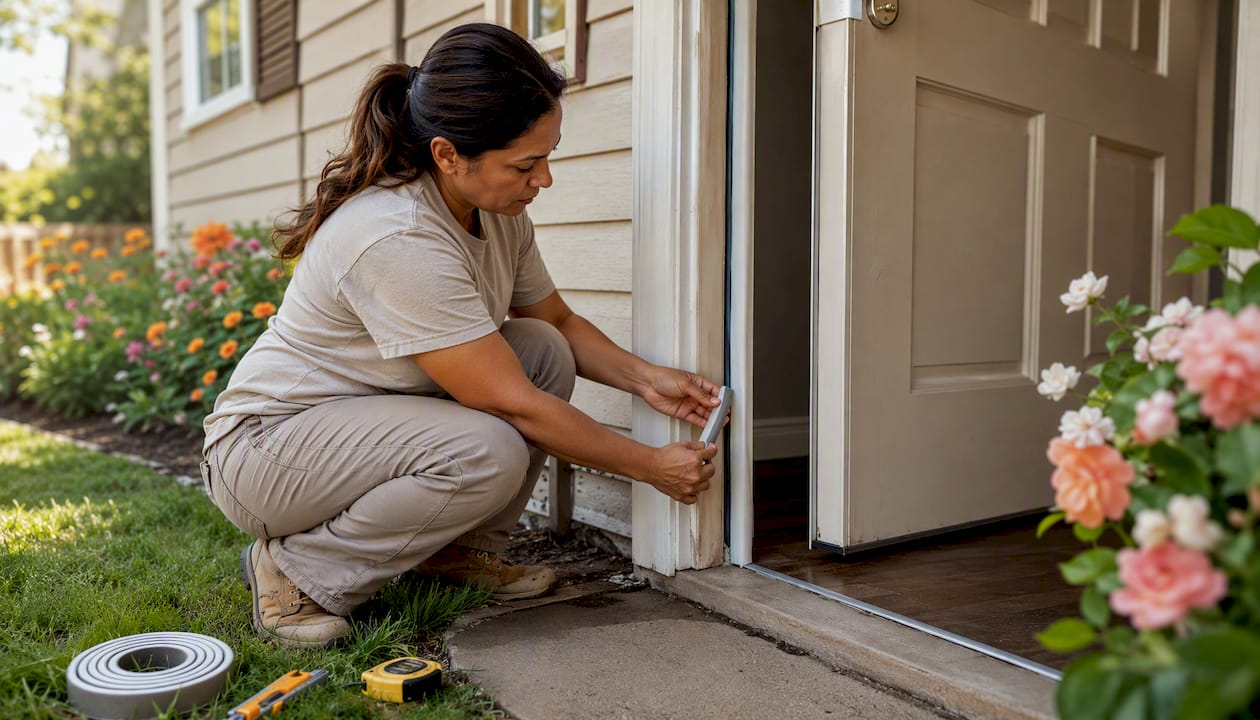 Woman applying foam weatherstripping to door frame