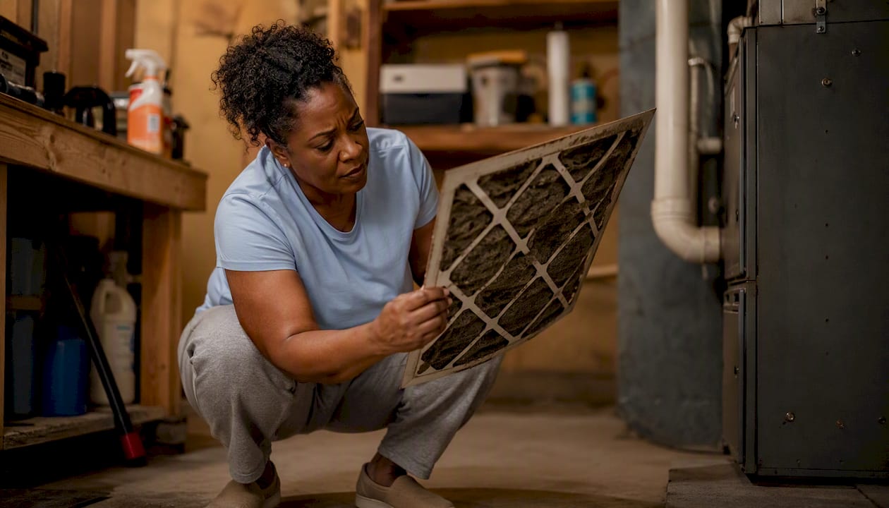 Woman inspecting dirty HVAC air filter at home