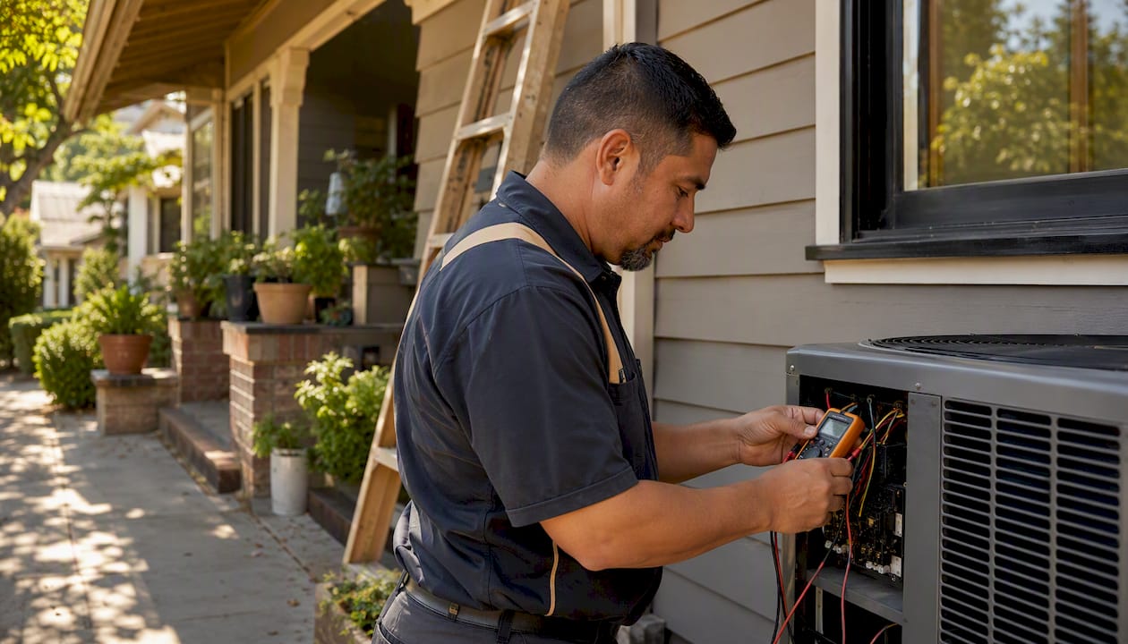 HVAC technician inspecting AC unit outdoors