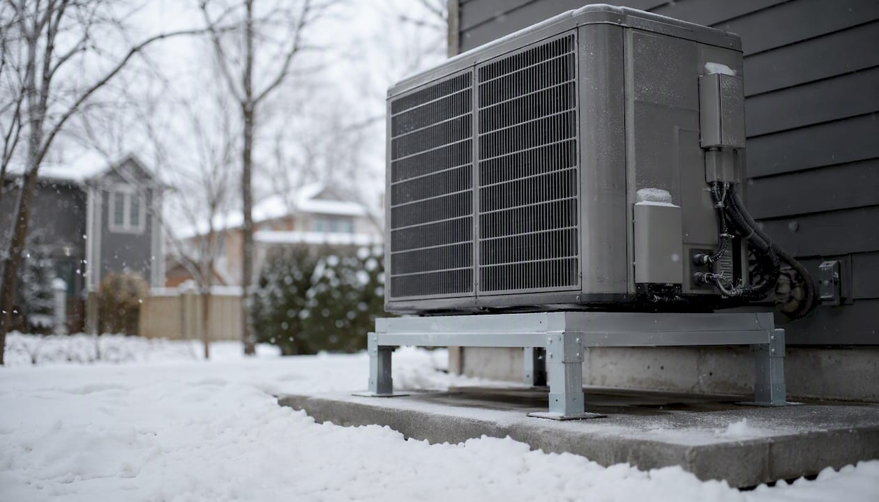 Cold-climate heat pump outdoor unit above snow