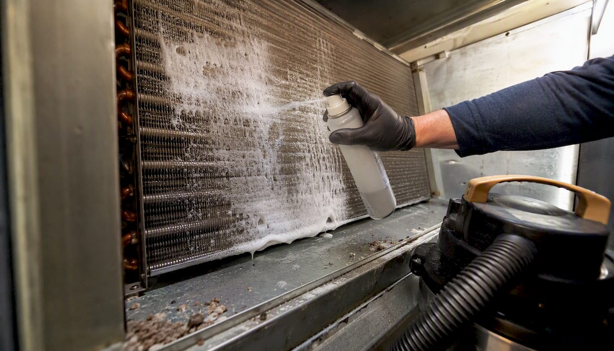 Applying foaming cleaner to AC evaporator coil