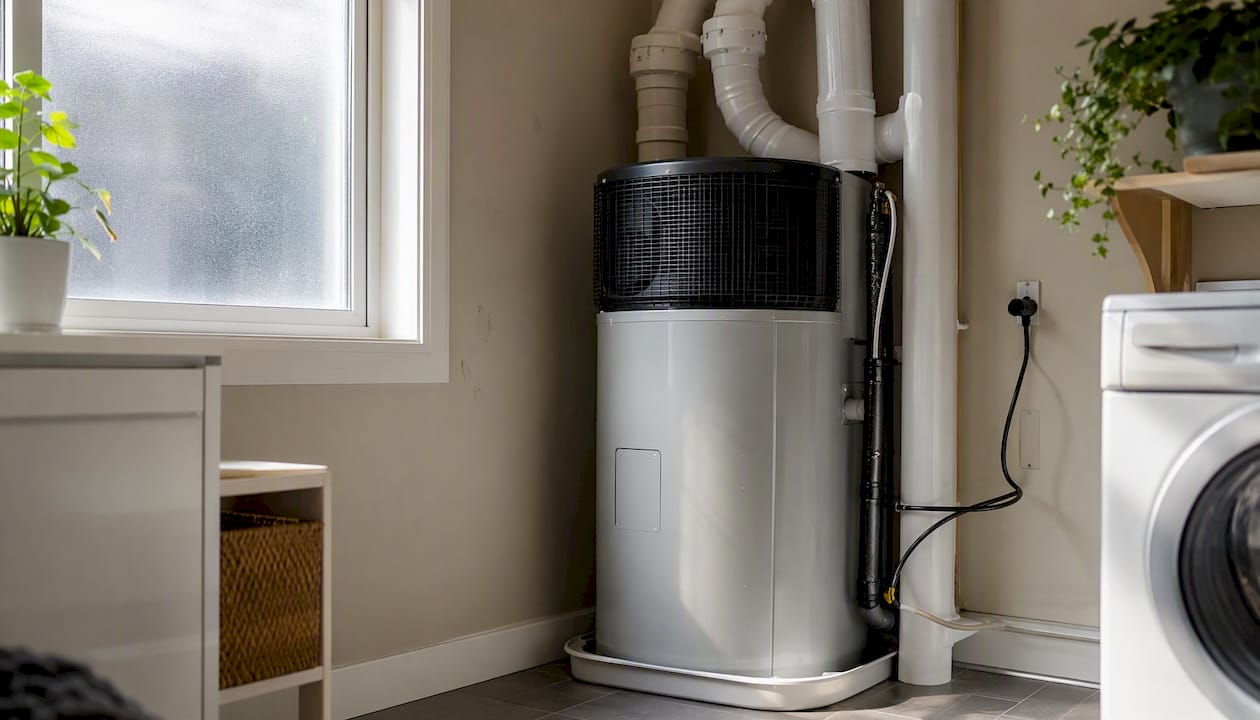 Residential heat pump water heater in utility room