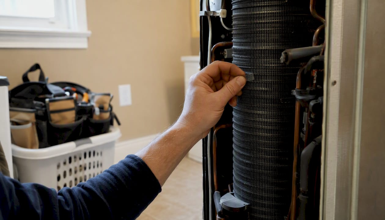 Electric Heat Pump Water Heaters: Your 2026 Buying Guide electric heat pump water heater electric heat pump water heater 1786027791259 Technician hand adjusting heat pump coil Technician hand adjusting heat pump coil