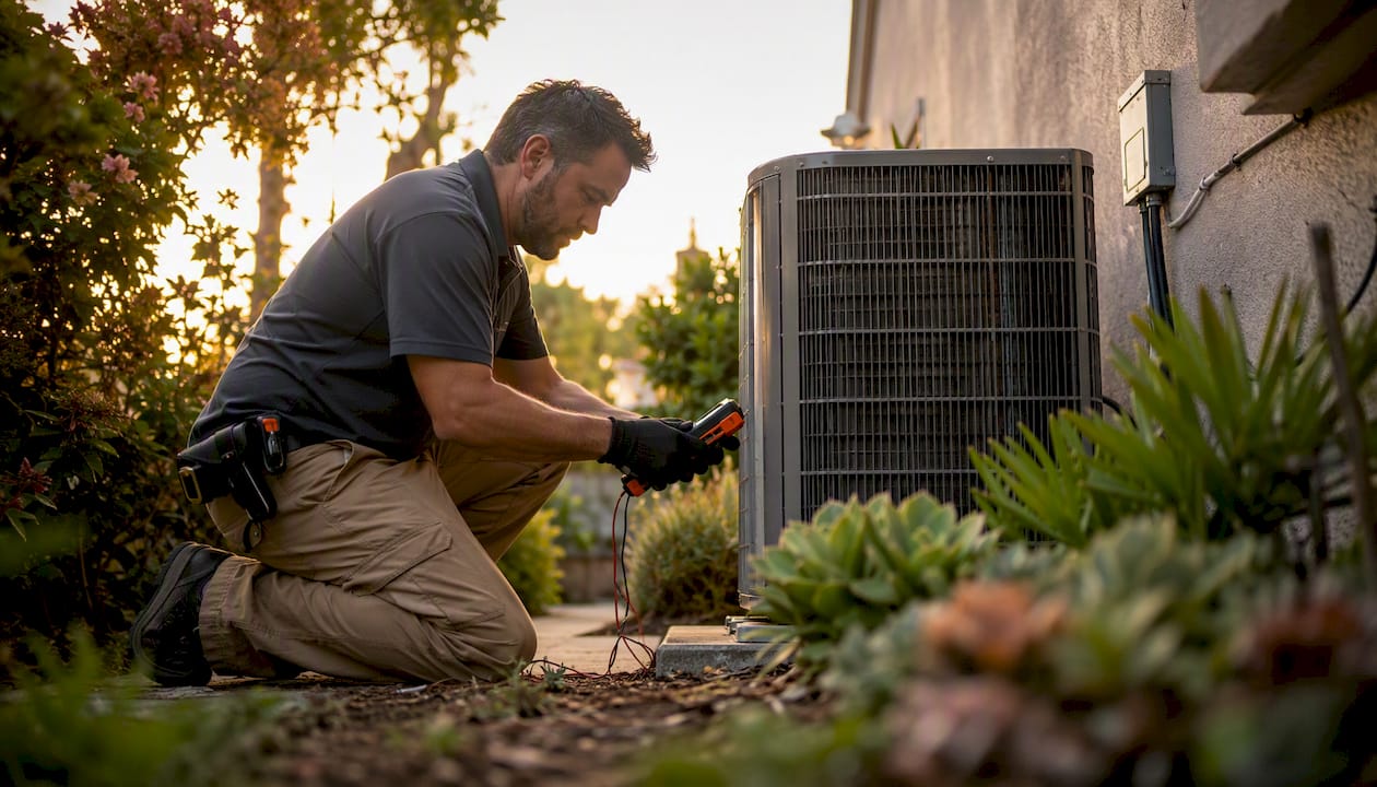 How to Avoid AC Emergency Scams in Los Angeles how to clean air conditioning vents at home how to clean air conditioning vents at home 1786322354177 Technician inspecting home AC unit outdoors Technician inspecting home AC unit outdoors