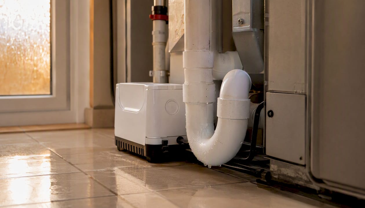 Condensate drain trap and pump by furnace