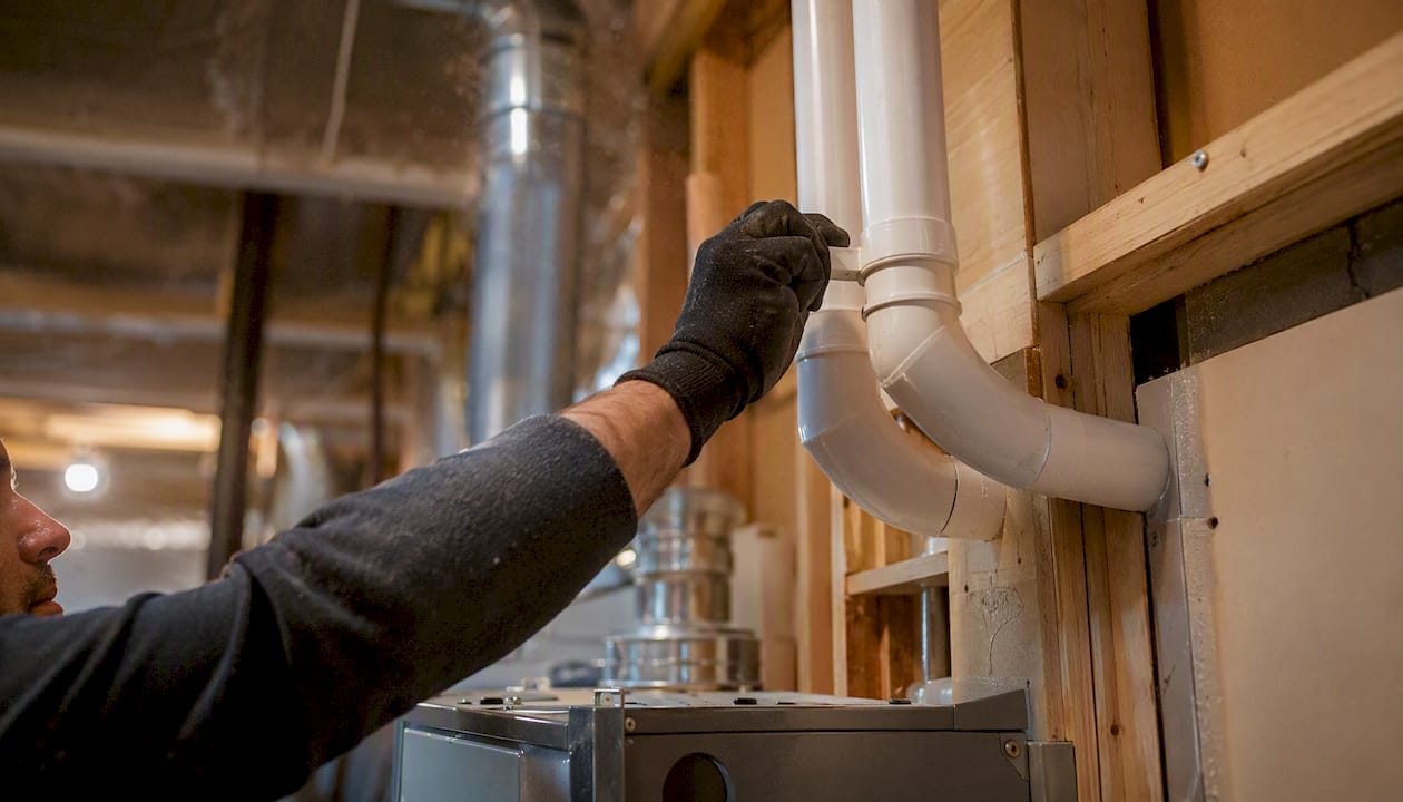 Technician installing PVC furnace vent pipes