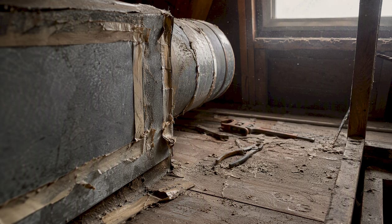Dust and debris near flaking duct tape