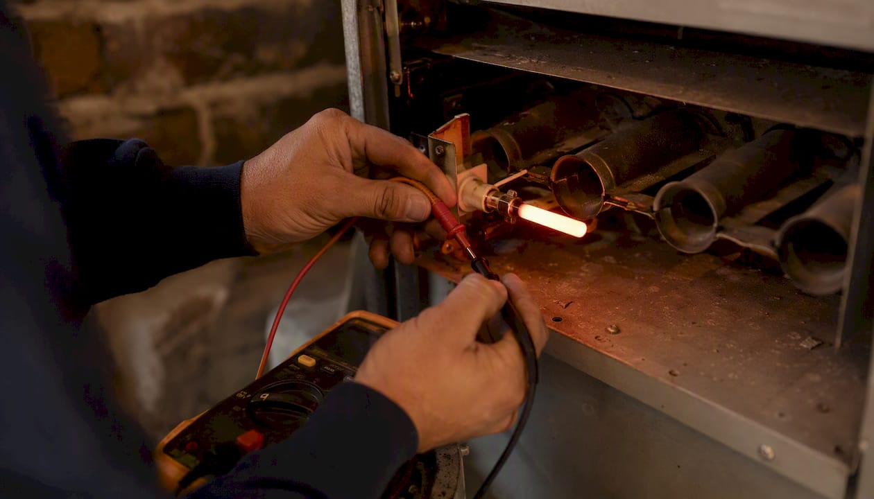 Technician testing glowing furnace ignitor