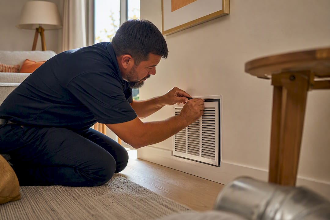 Hands sealing heating vent in home