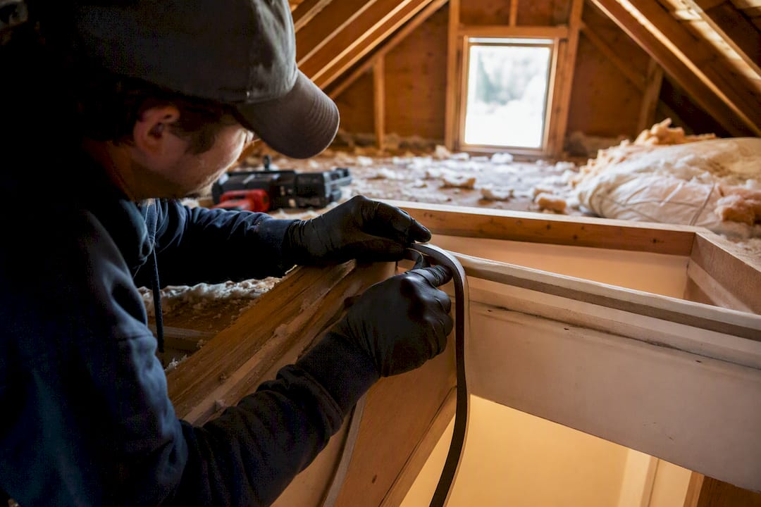 Hands sealing attic hatch to stop air leaks