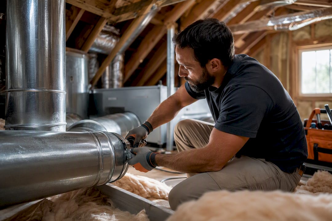 Technician installing home ventilation duct