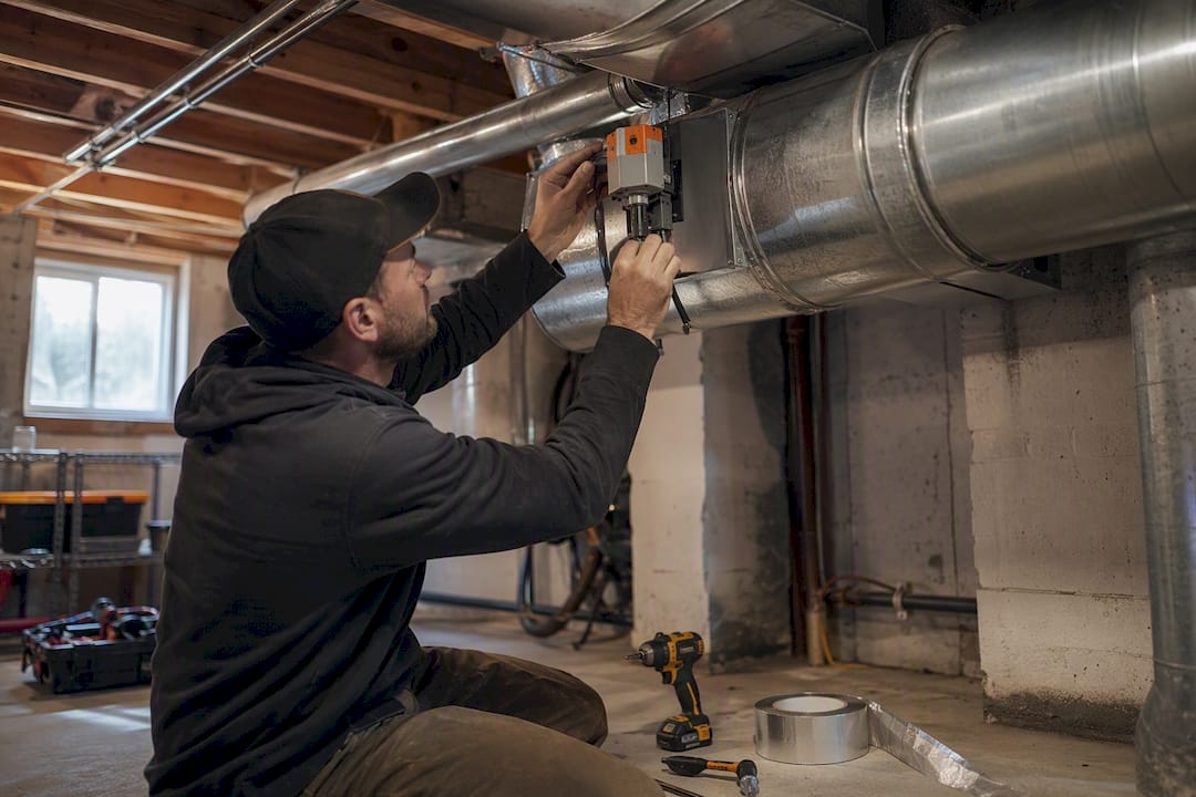 Technician adjusting HVAC zone damper in duct