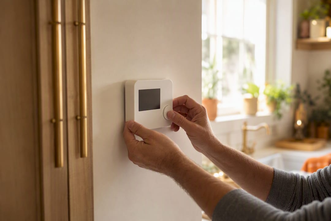 Hands replacing thermostat batteries