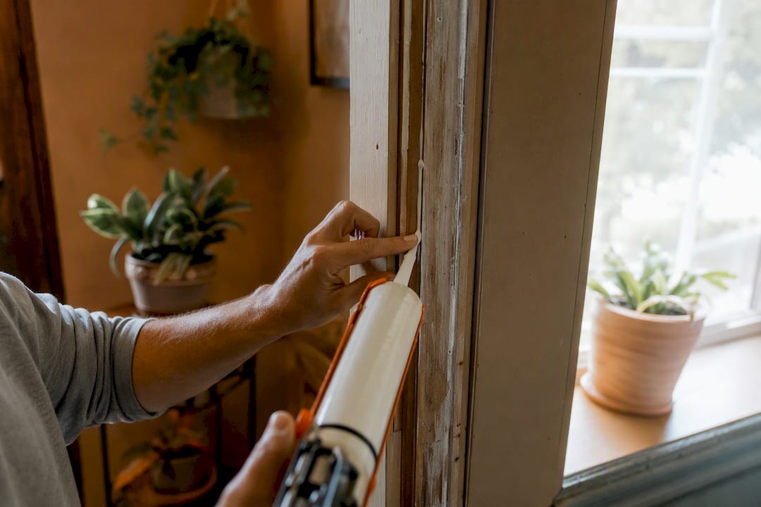 Hands applying caulk to window frame