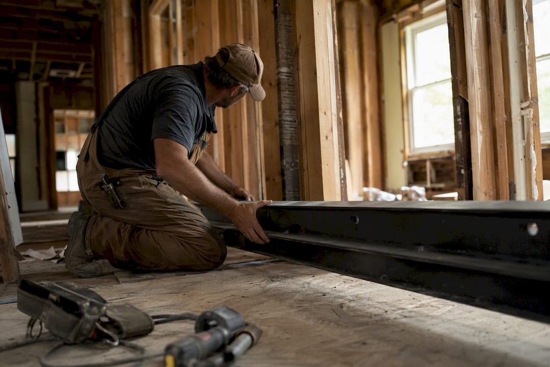 Contractor installing steel support beam indoors