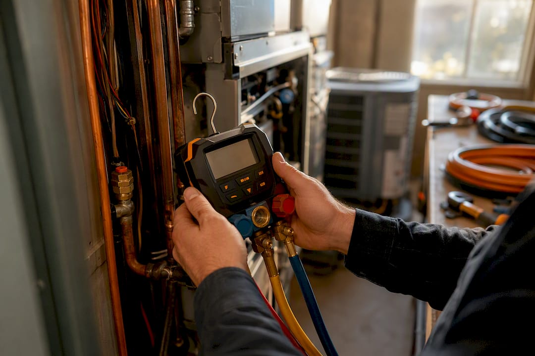Technician checking heat pump gauges