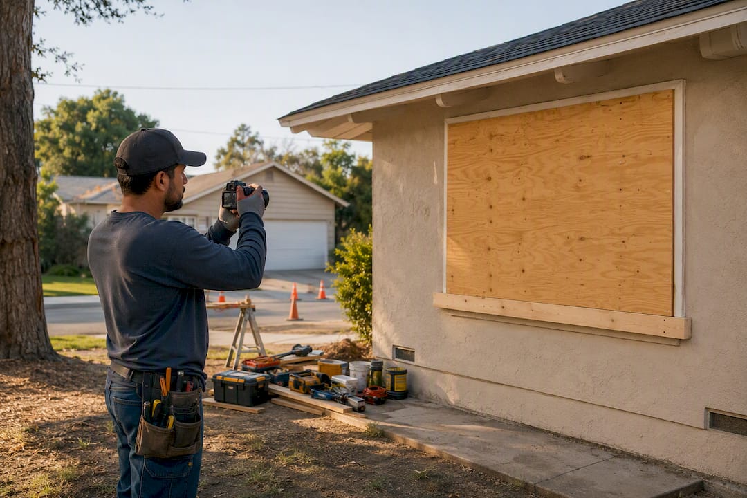 Crew member photographing boarded window