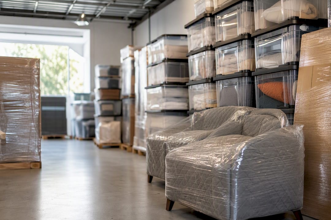 Packed household items in storage unit