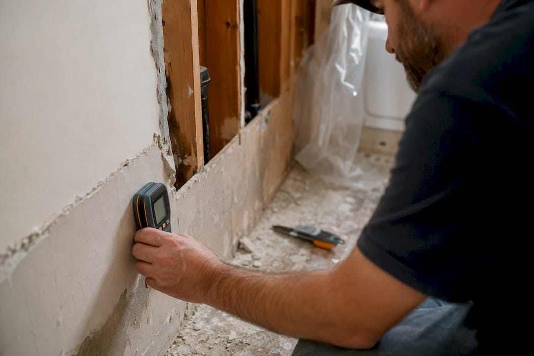 Hands measuring moisture in drywall