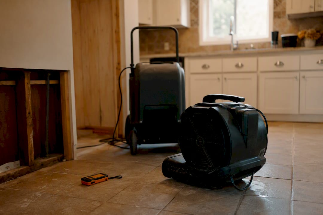 Water damage drying equipment in room