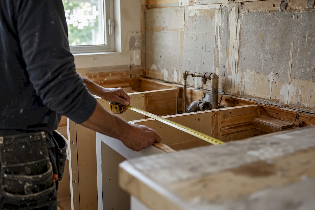 Contractor measuring kitchen countertop space