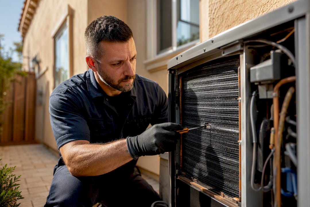 Technician inspecting an outdoor AC condenser