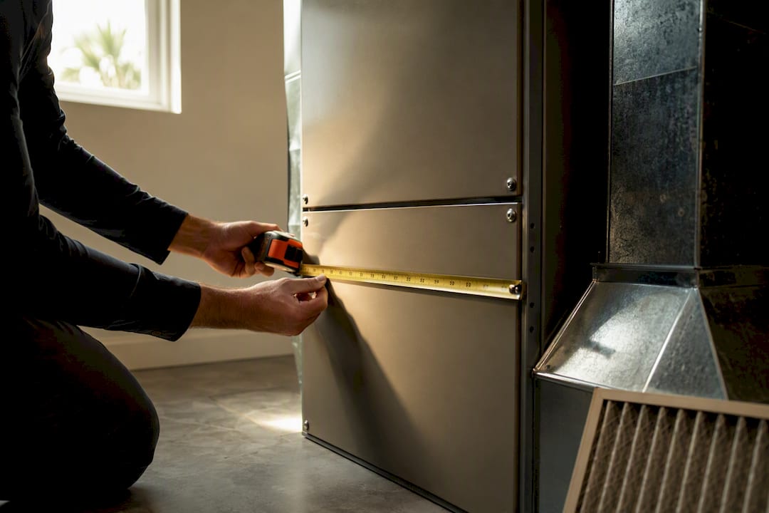 Technician measuring anonymous furnace cabinet