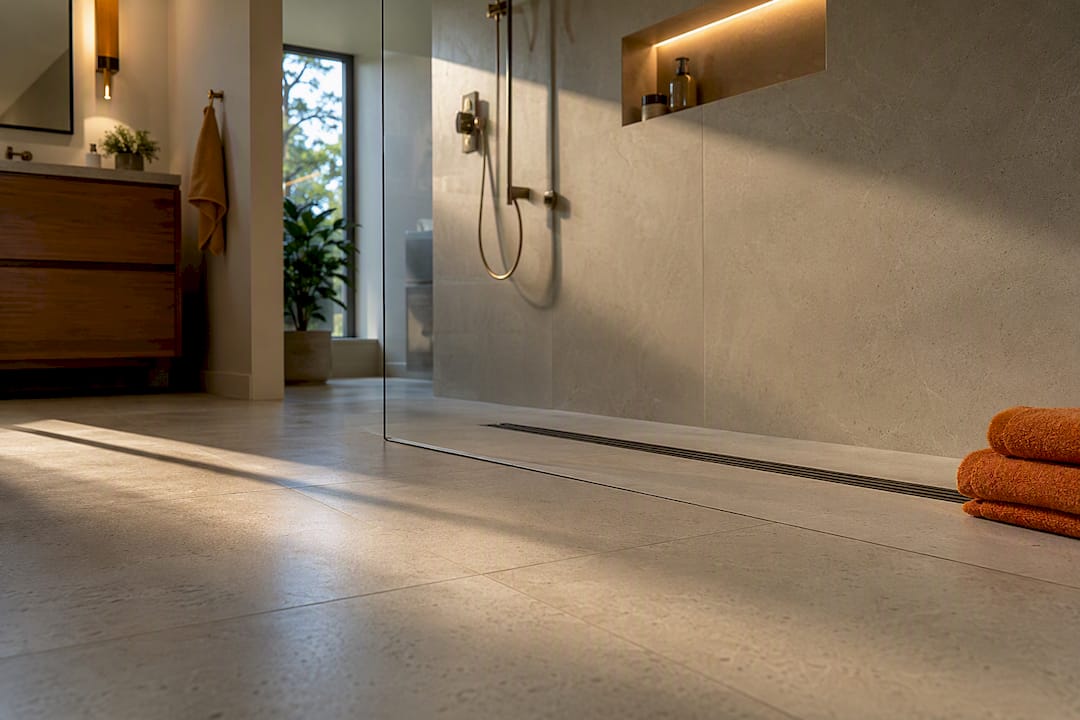 Finished curbless shower with flush floor