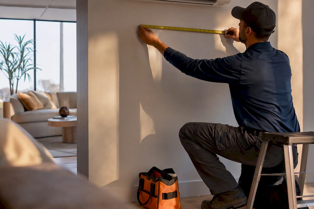 Technician measuring mini split placement in Los Angeles home