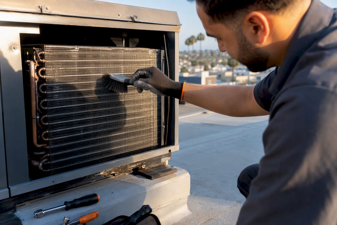 Avoid a $2,500 Compressor Bill: Heat Pump Maintenance Cost for LA Homes furnace short cycling furnace short cycling 1788608467621 Technician cleaning heat pump coil Technician cleaning heat pump coil