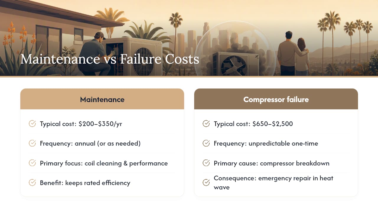 Avoid a $2,500 Compressor Bill: Heat Pump Maintenance Cost for LA Homes heat pump maintenance cost heat pump maintenance cost 1788608470634 Maintenance and compressor failure cost comparison Maintenance and compressor failure cost comparison