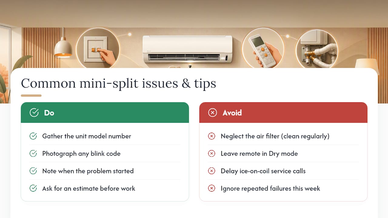 Mini Split Not Heating: 6 Fast Homeowner Checks in 5 to 10 Minutes mini split not heating mini split not heating 1788856562991 What Ernie Sees Over and Over on Mini Split Calls overview diagram What Ernie Sees Over and Over on Mini Split Calls — overview diagram