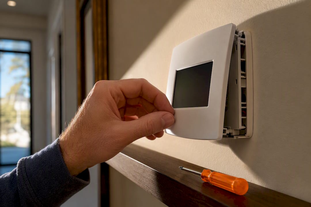 Fix a Blank Thermostat Screen in 10 Minutes: 5 Homeowner Checks furnace short cycling furnace short cycling 1789091081376 Hand checking a blank wall thermostat Hand checking a blank wall thermostat