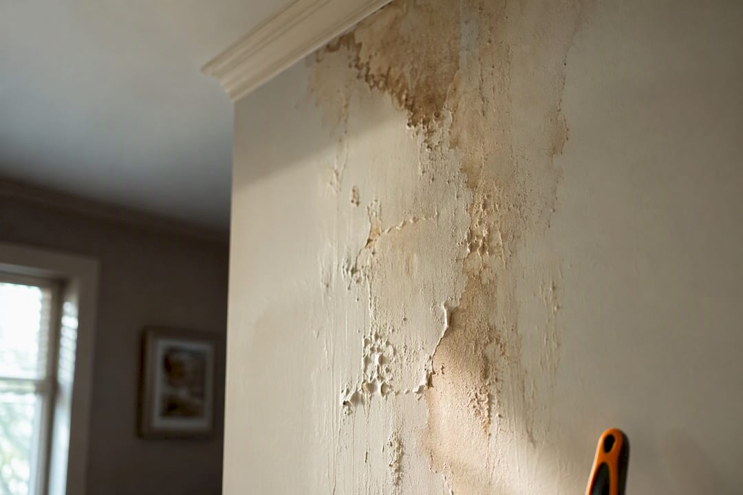 Close view of stained bubbling drywall