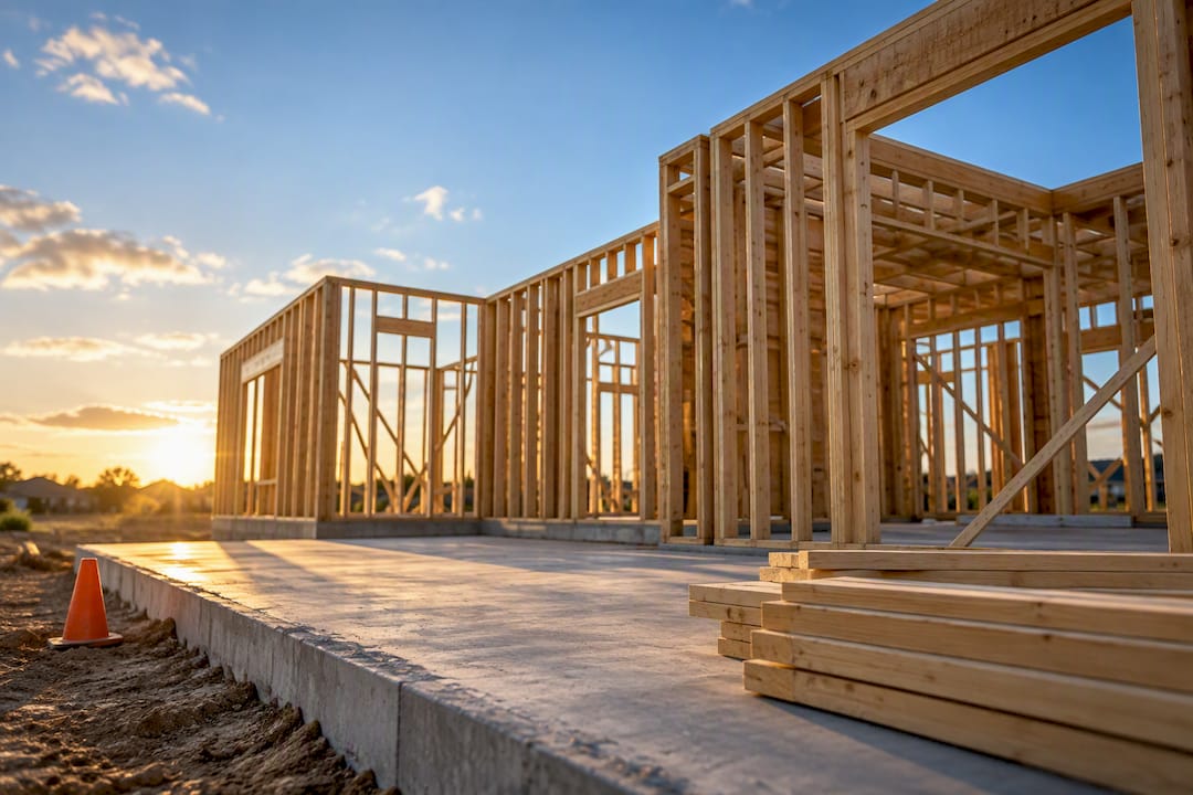 New home construction shell on a suburban lot