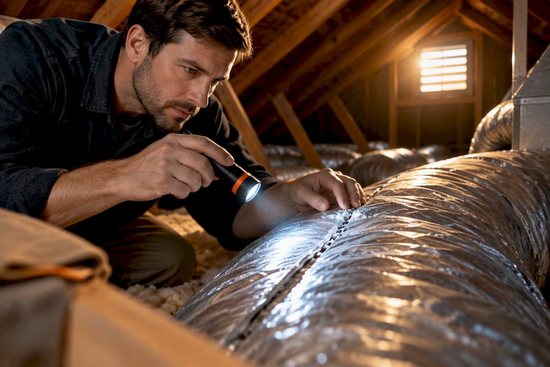 Homeowner inspecting an attic duct seam