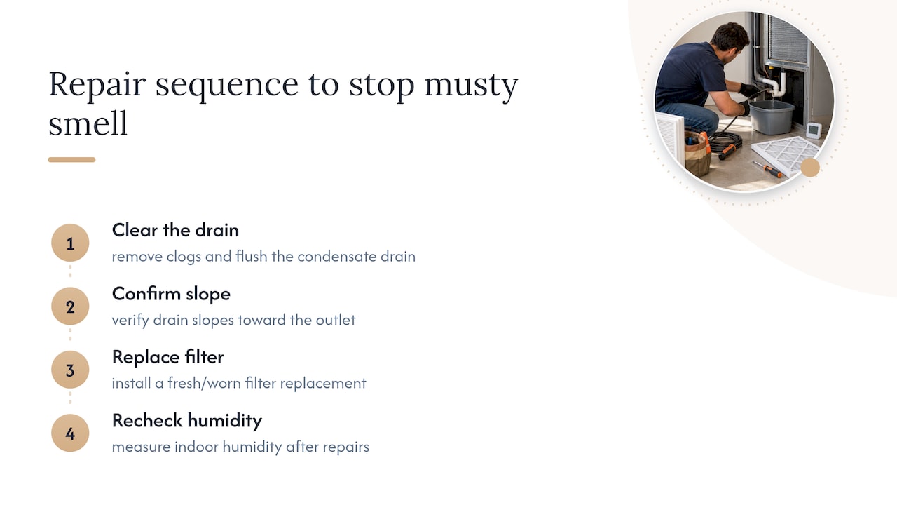 Stop Musty AC Smells at Home, Fix the Drain and Keep 30–50% Humidity ac smells musty ac smells musty 1790971225959 Four step AC musty smell repair sequence Four-step AC musty smell repair sequence