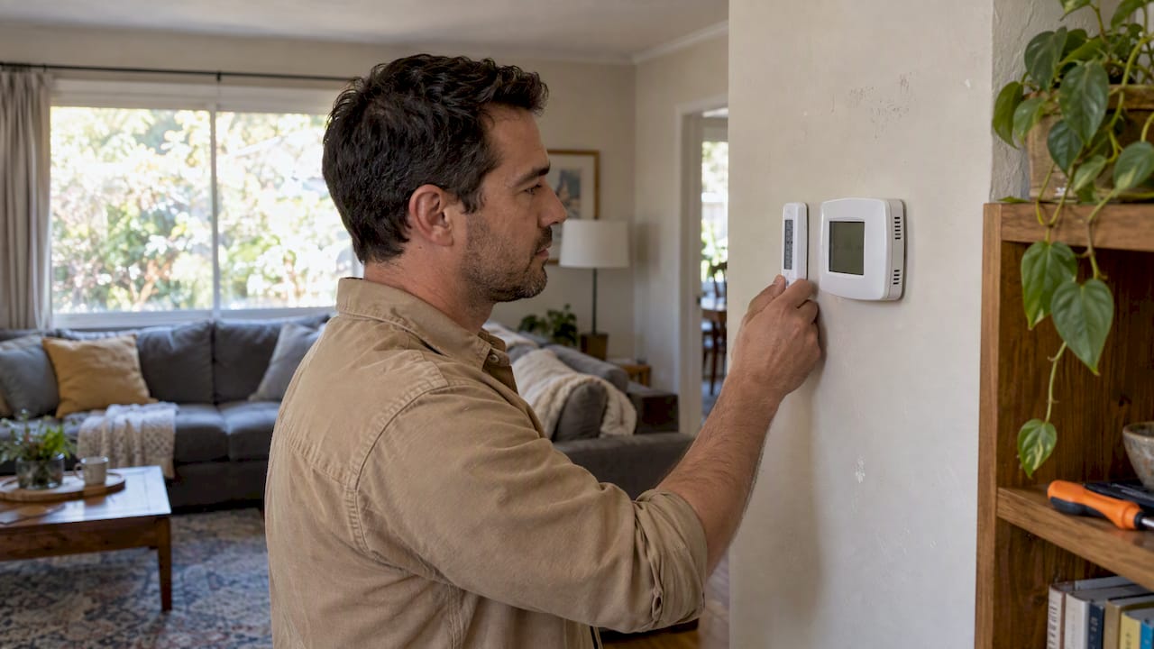 Homeowner comparing thermostat and thermometer readings