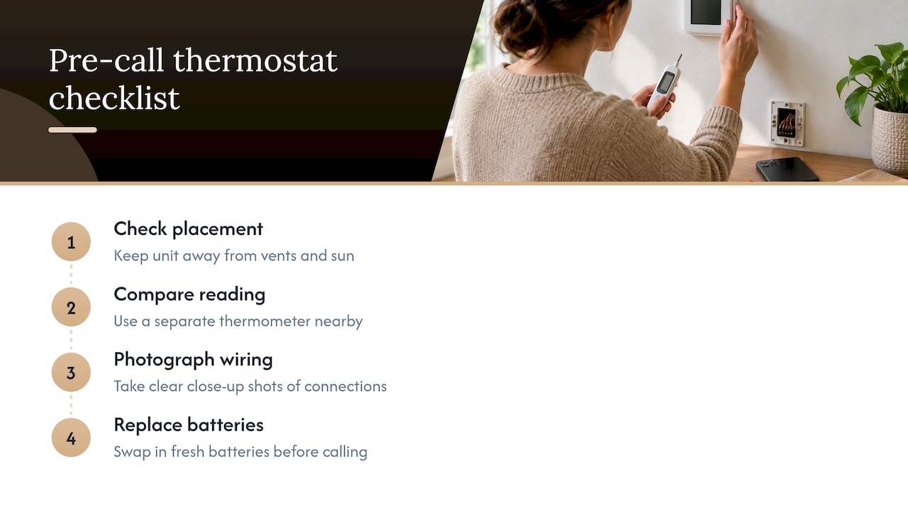 30–60 Minute Thermostat Calibration for Homeowners, Measure First thermostat calibration thermostat calibration 1790972066646 My quick checklist before you call anyone overview diagram My quick checklist before you call anyone — overview diagram
