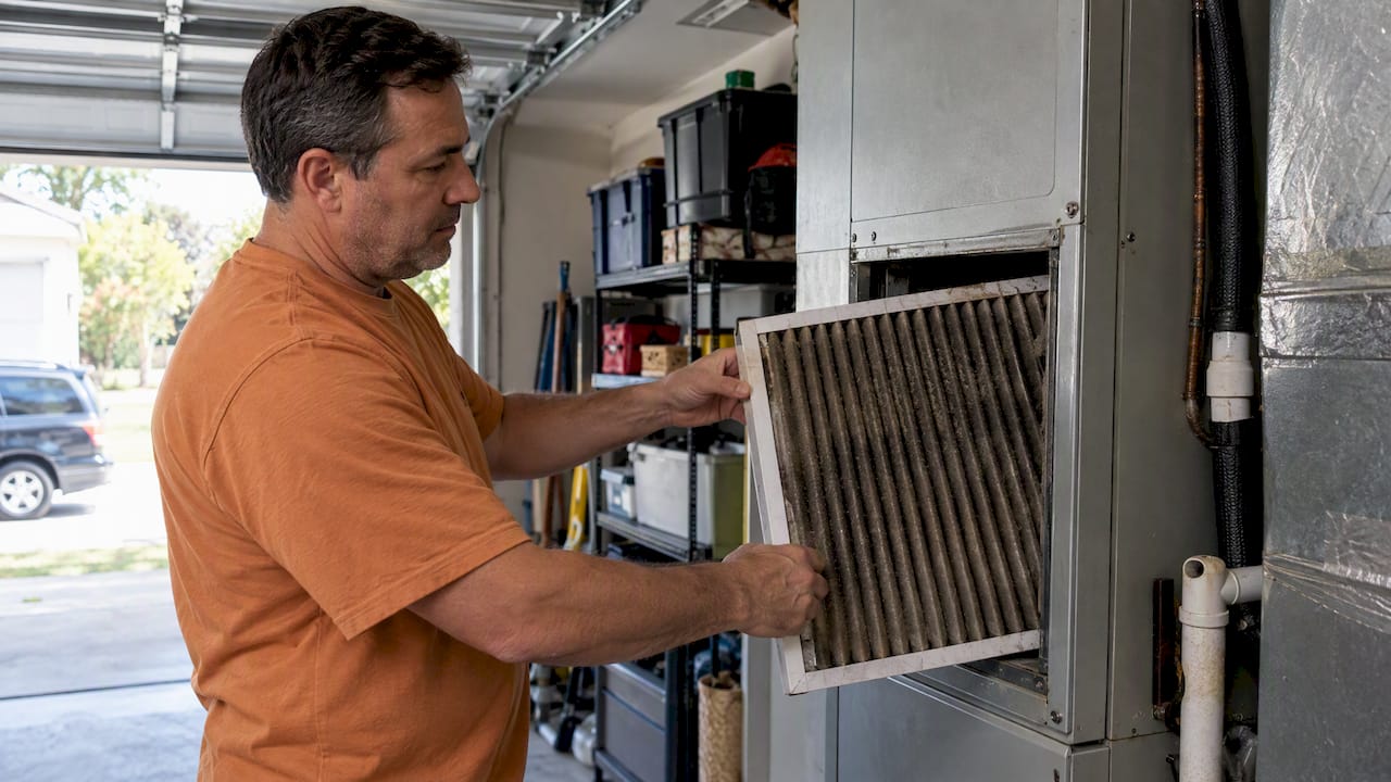 Homeowner removing smoke exposed HVAC filter