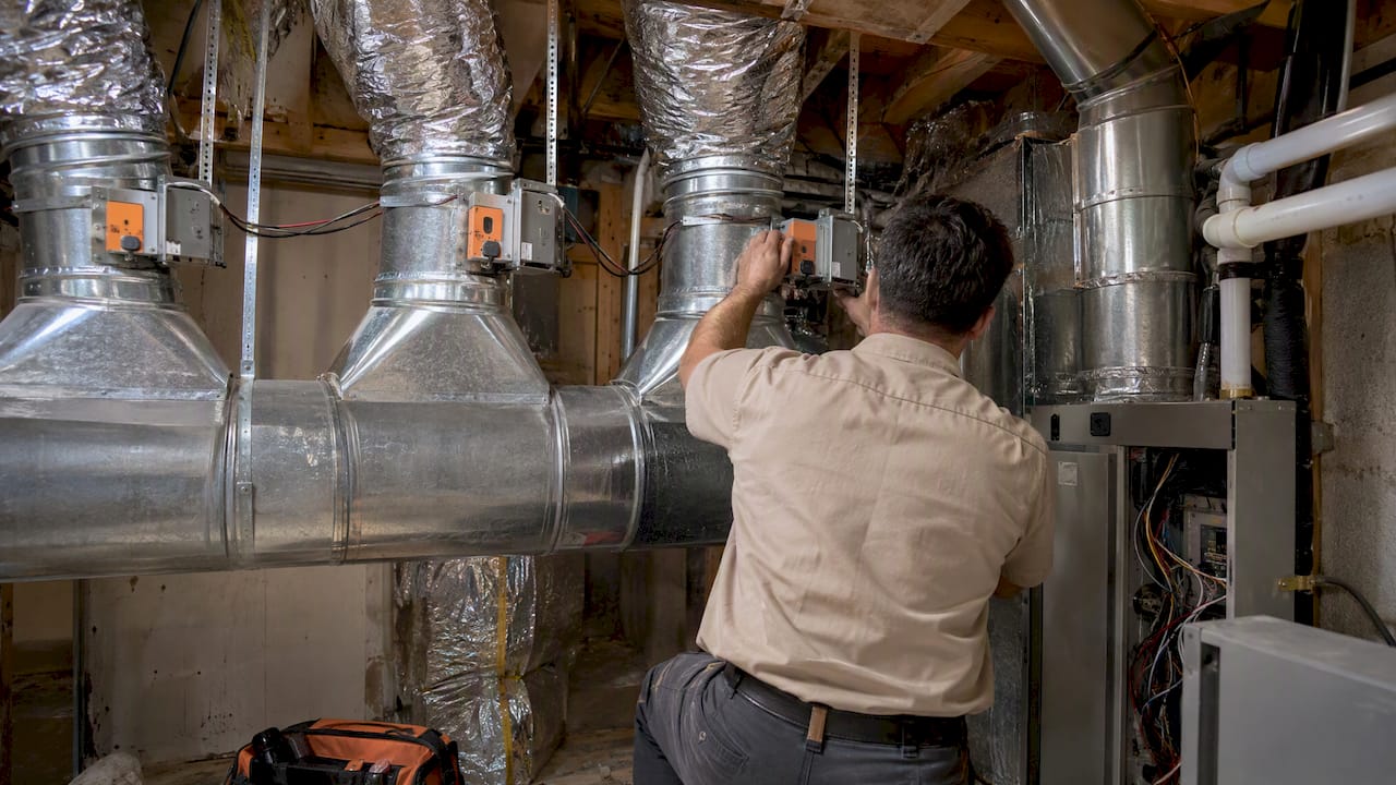 Technician inspecting HVAC zoning dampers