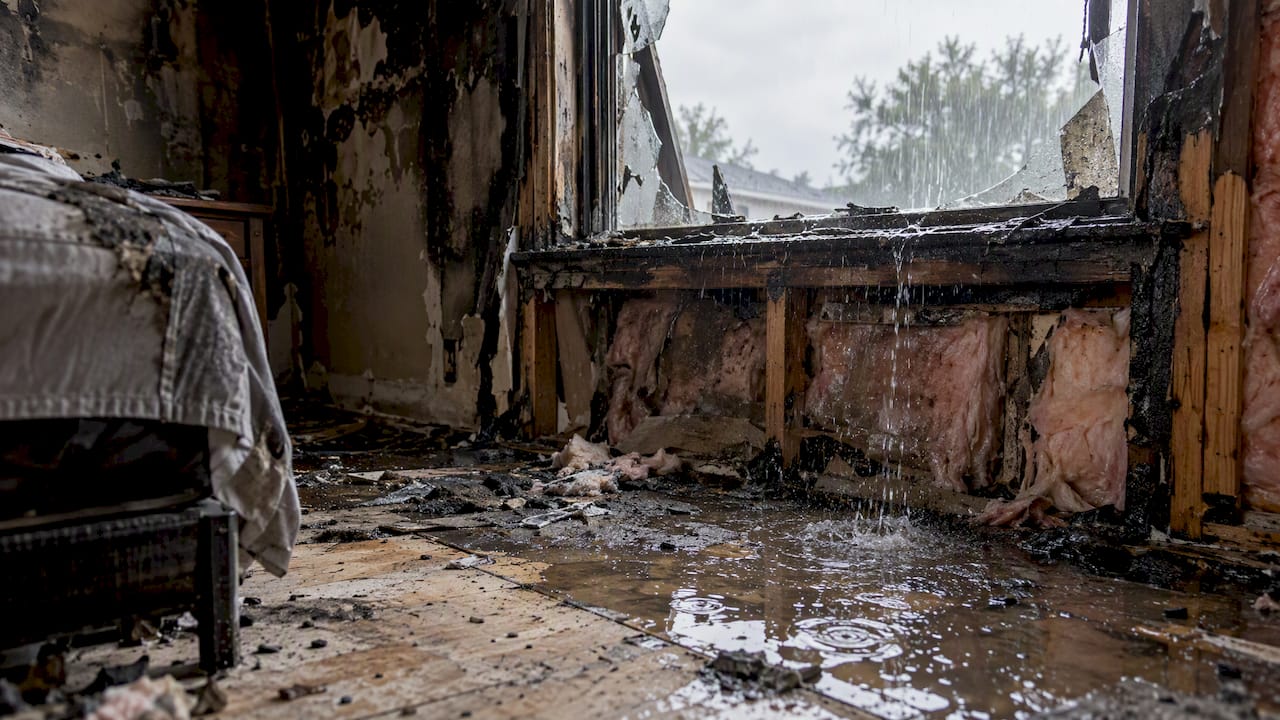 Rain entering a fire-damaged room