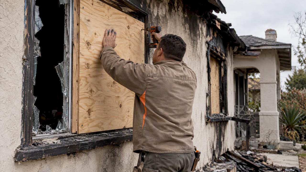 Contractor boarding a fire-damaged house window