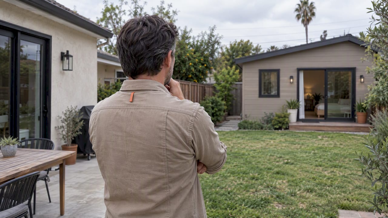 Homeowner comparing ADU and home addition options