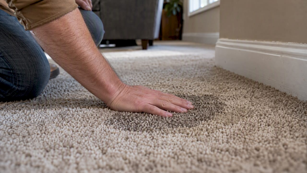 Contractor Tested Water Damage Steps Homeowners Start in 24–48 Hours water damage cleanup steps water damage cleanup steps 1791369536938 Hand checking damp carpet for trapped moisture Hand checking damp carpet for trapped moisture