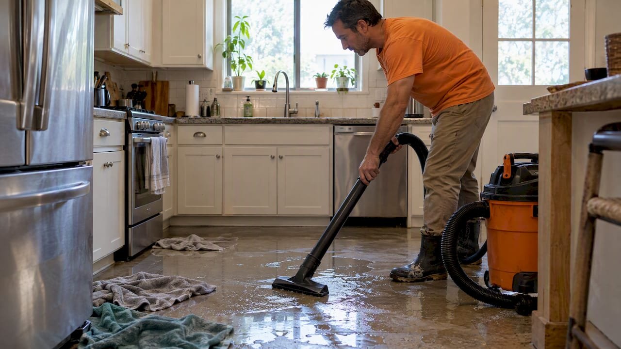 Homeowner removing water from a kitchen floor
